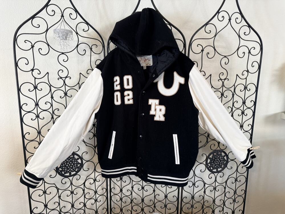 True Religion Men's Black White Varsity Jacket Hooded Button Logo Accents - XL - Picture 1 of 7